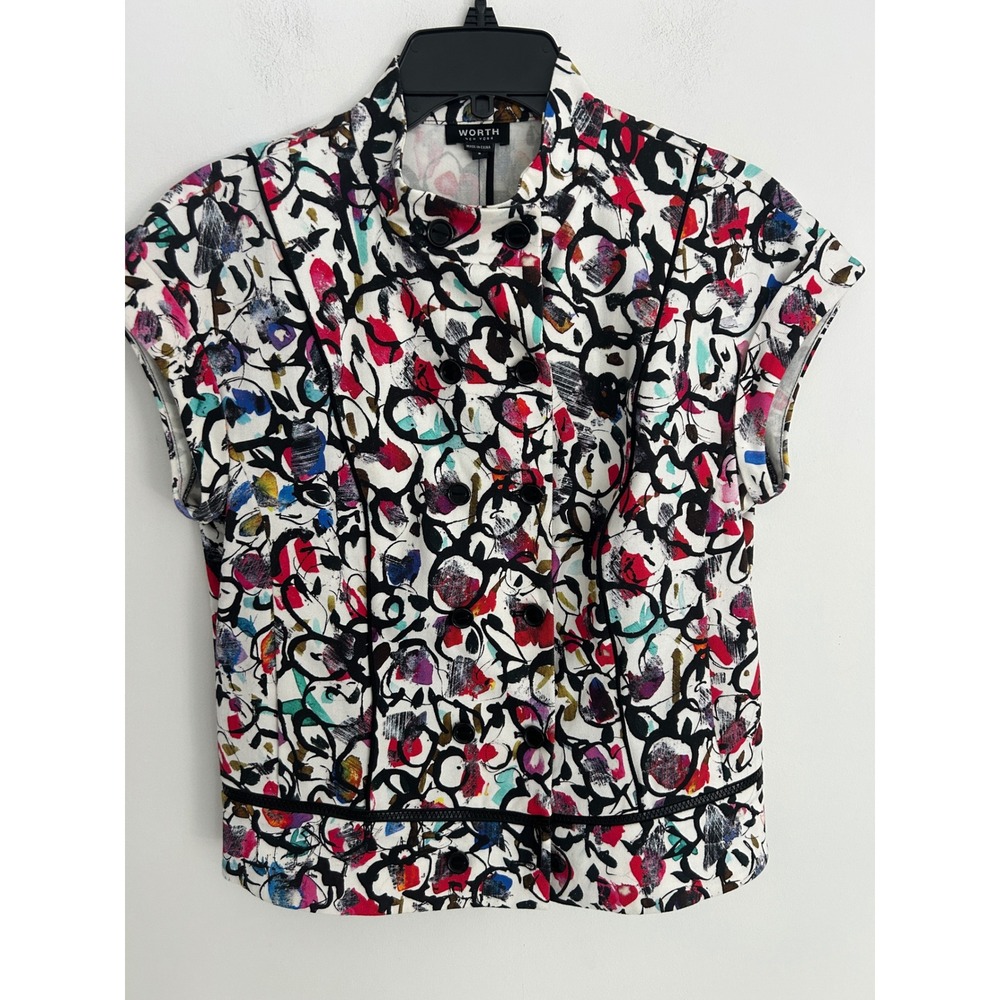 Worth New York Abstract Print Double Breasted Short Sleeve Jacket Pockets Sz 8
